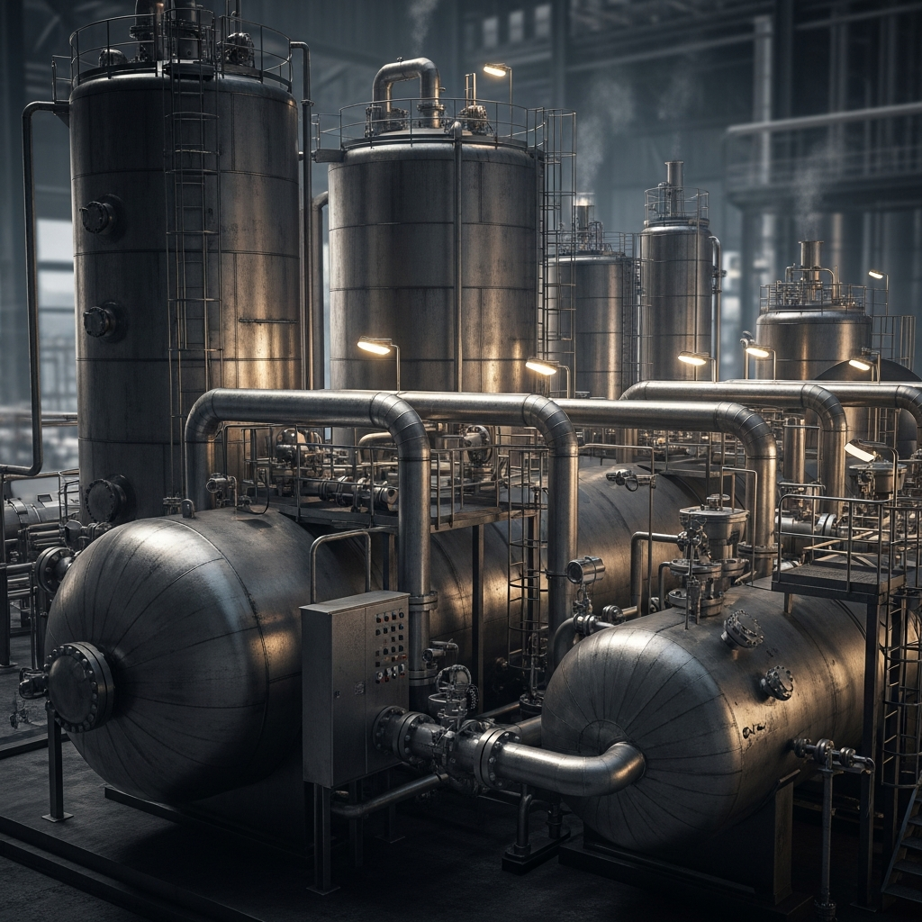 Gas separation facility with pressure vessels and industrial equipment for upstream oil and gas operations